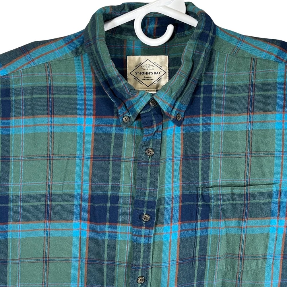 St Johns Bay Mens‎ XXL Green Blue Plaid Flannel Button Down Shirt 100% Cotton